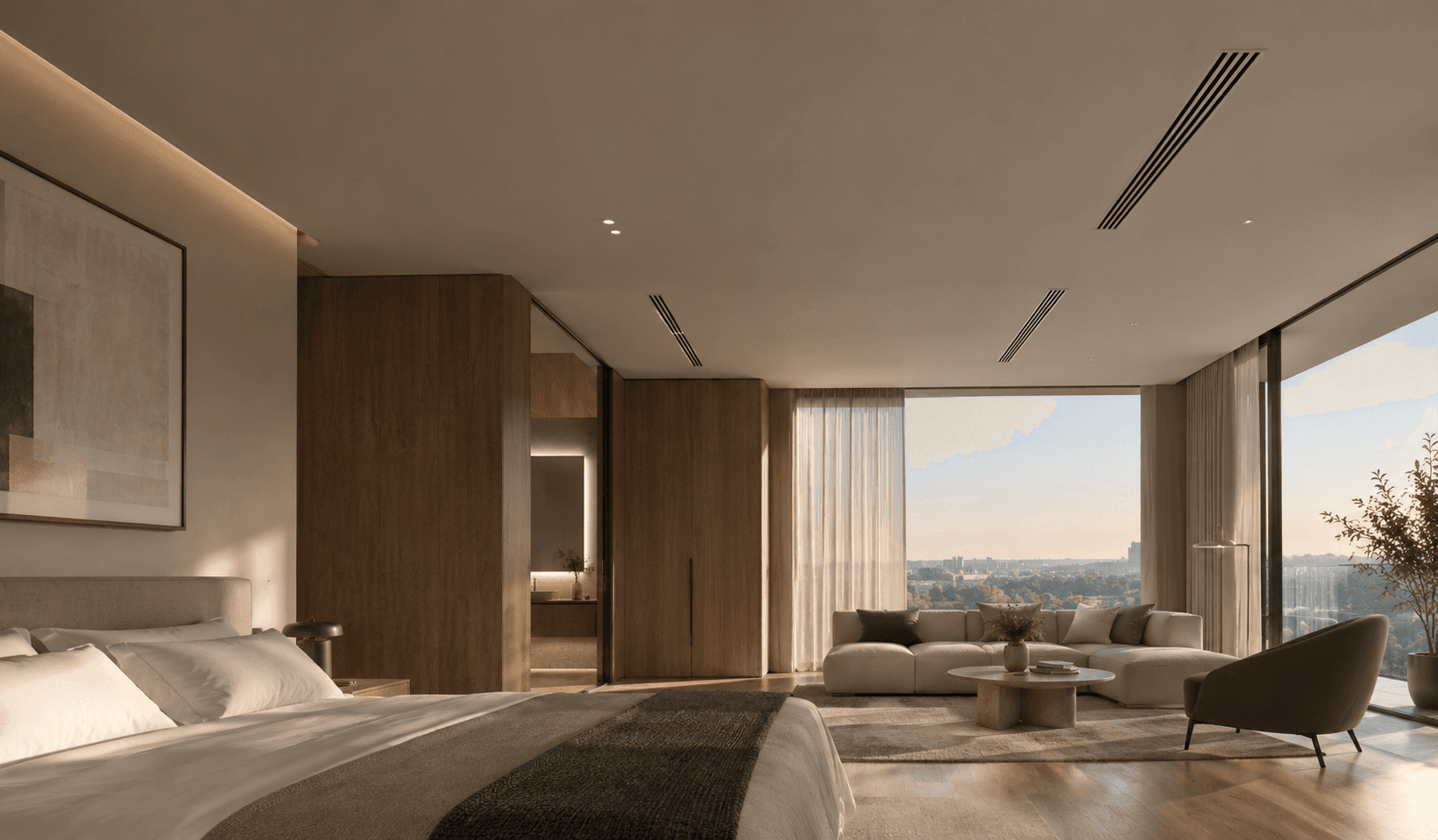 Concealed ceiling air conditioning grilles in a modern penthouse bedroom and lounge