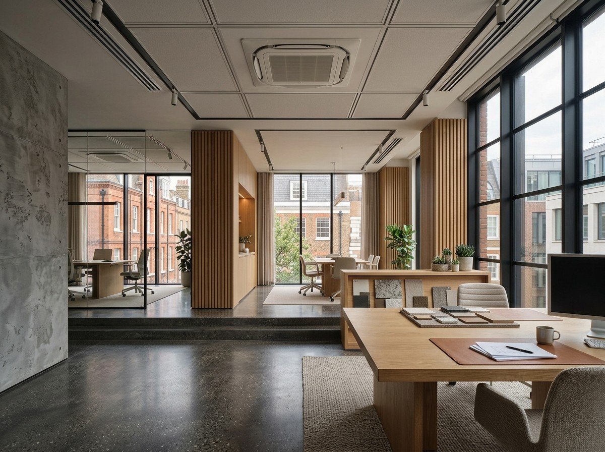 Ceiling cassette air conditioning unit in an open-plan office